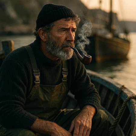 Portrait of an old man smoking a pipe on a boat.