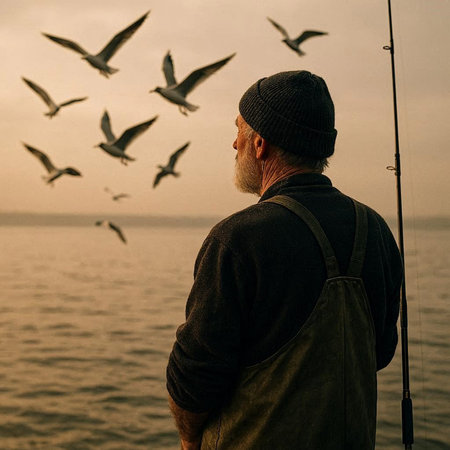 Senior man fishing with seagulls on the background of the sea