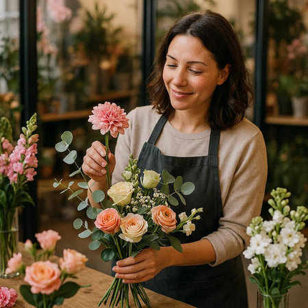 Florist woman working in flower shop. Beautiful bouquet of mixed flowers