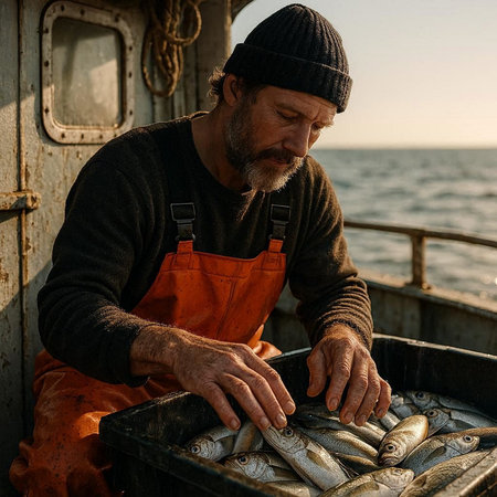 Fisherman with catch of fish on a fishing boat at sunset.