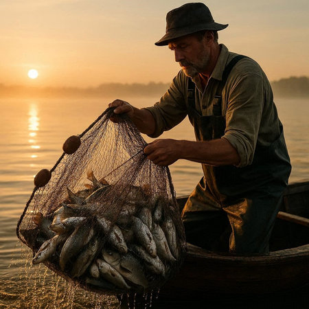 Fisherman with catch of fish in net on boat at sunrise