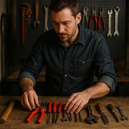 Handsome caucasian man working with tools in a workshop.