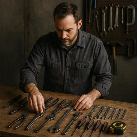 Portrait of handsome male carpenter working with tools in his workshop
