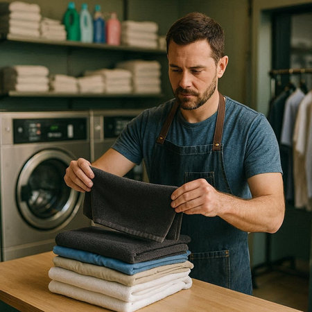 handsome man in apron looking at stack of clean laundry at home