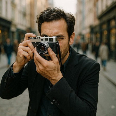 Handsome man taking photos with a vintage camera in the city