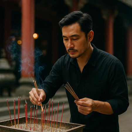 Handsome Chinese man lighting incense sticks in the temple.