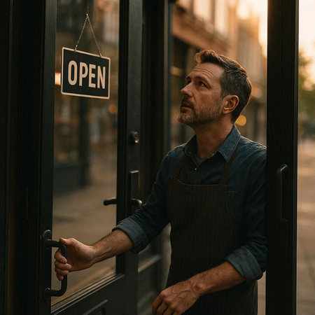 Portrait of a handsome mature man in apron opening the door of a cafe on the street.
