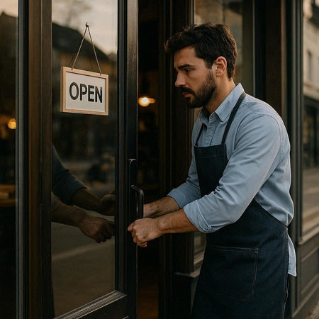 Portrait of a handsome man in apron opening the door of a cafe.