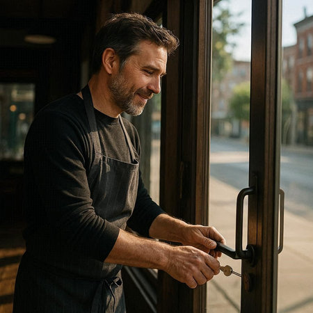 Handsome middle-aged man opening the door of a cafe