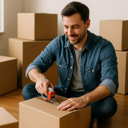 smiling young man packing cardboard box in new house, moving concept