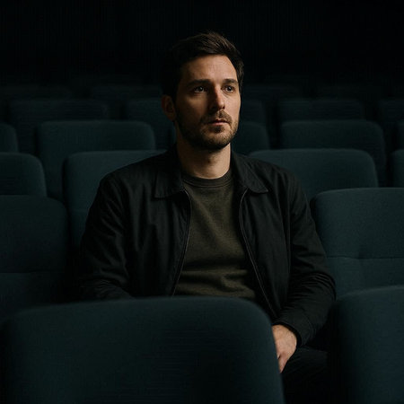 Portrait of a handsome young man sitting in a cinema auditorium