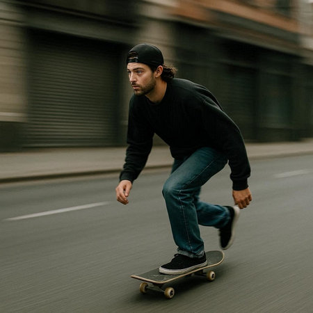 Skateboarder riding a longboard on a city street.
