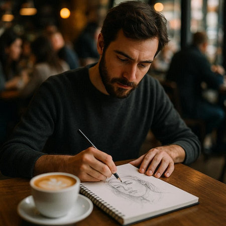 Handsome bearded man drawing a picture in a cafe with a cup of coffee