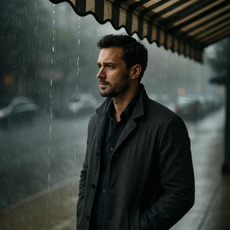 Portrait of a handsome young man in the rain. Men's beauty, fashion.