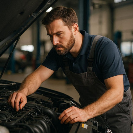 Handsome bearded mechanic working in auto repair shop. Handsome man in overalls.