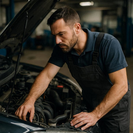 Handsome mechanic working on a car in a car repair shop