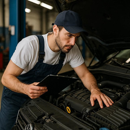 auto mechanic in uniform using digital tablet while standing near car in garage