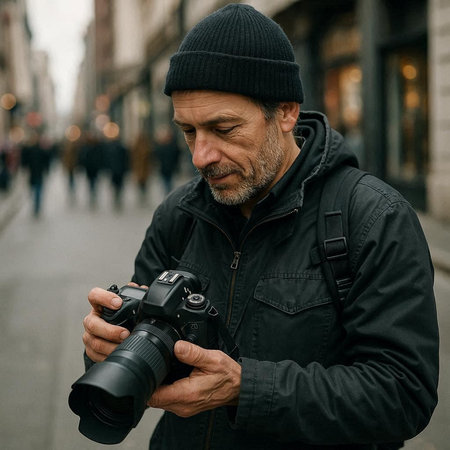 Portrait of a mature man with a camera on the street.