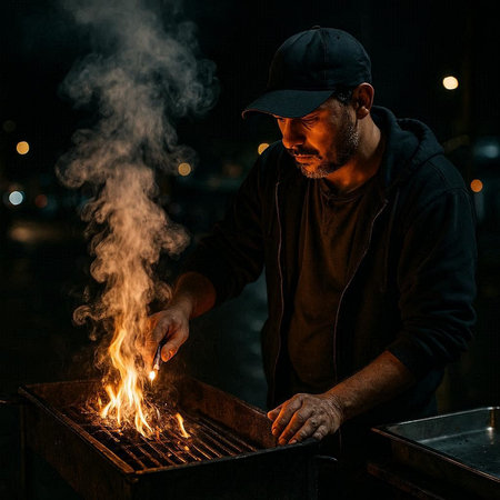 Portrait of a man in a cap and a black sweatshirt grilling meat on a barbecue in the city at night.