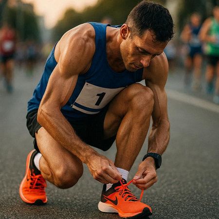 Running athlete tying shoelaces on running race. Fit man in sportswear tying shoelaces on running race.