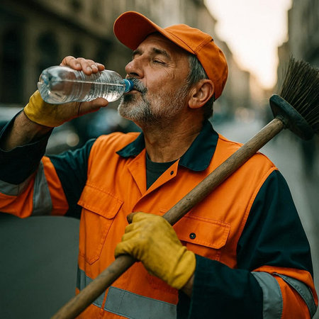 Portrait of a senior man cleaning street with a broom and drinking water