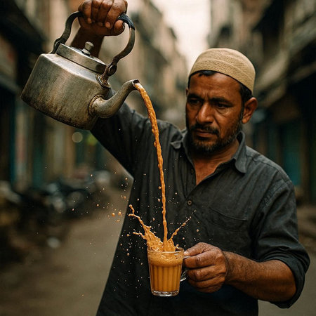 An Indian man pouring milk into a glass of coffee.
