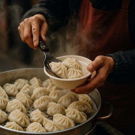 Steamed dumplings in a pot with steam, close-up