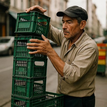 Old man in a cap with a green plastic box in the street