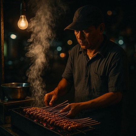 Asian street vendor is cooking chicken skewers on the street at night.