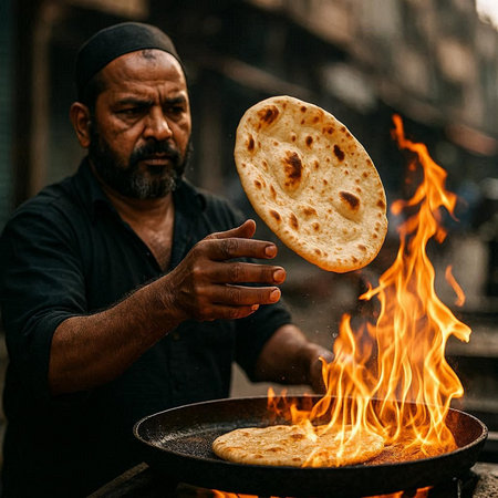 Indian man cooking khachapuri or chapati on fire. Traditional indian food.