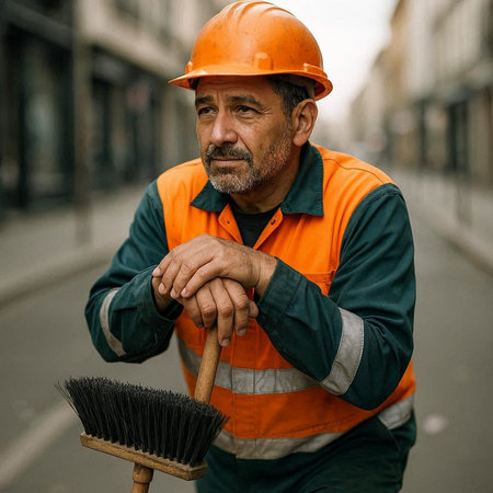 Portrait of an elderly man in a hard hat with a broom