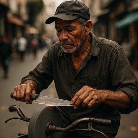 Old man with a knife in his hand on the street of the city