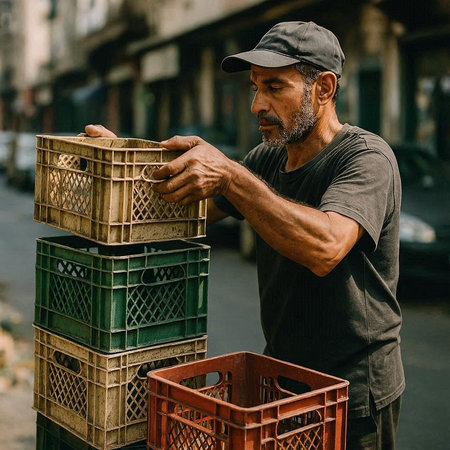 Handsome bearded man in black t-shirt and cap is repairing a trash can in the street.