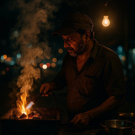 Portrait of an old man cooking in a pot at night.
