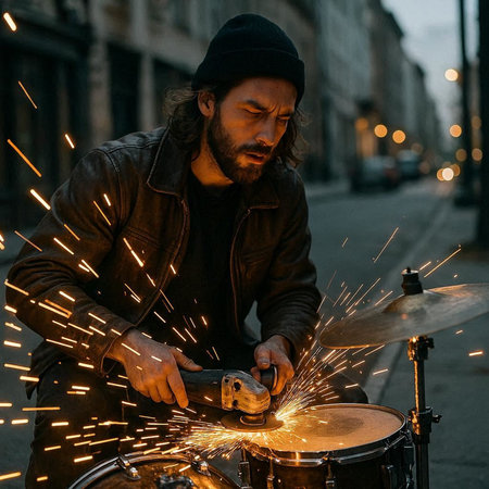 Portrait of a street musician playing drums on the street at night.
