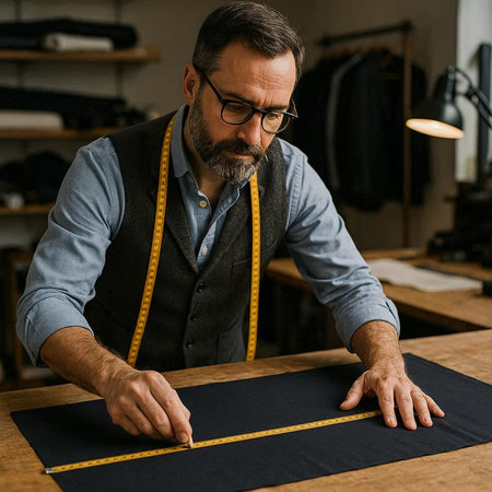 handsome mature tailor working with measuring tape at table in sewing studio