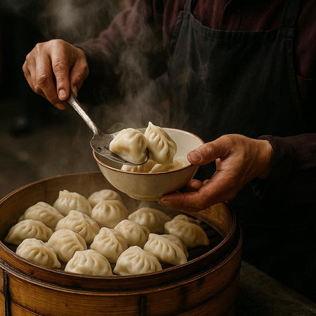steamed dumplings in bamboo steamer with steam on dark background