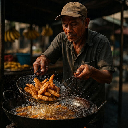 Closeup of a Nepali street vendor selling churros in Kathmandu in Nepal