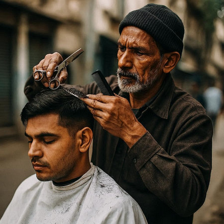 Barber cuts the hair of a man in a barbershop.