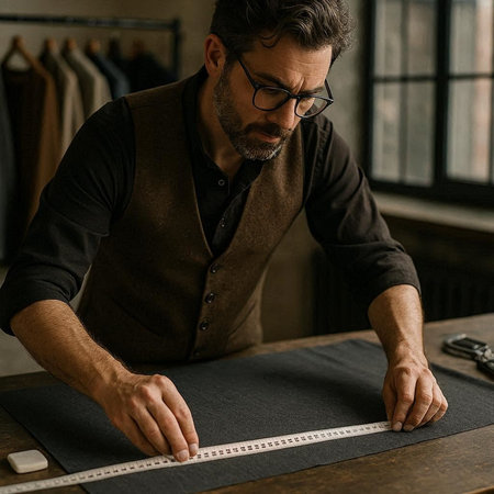 handsome tailor in eyeglasses using measuring tape in sewing workshop