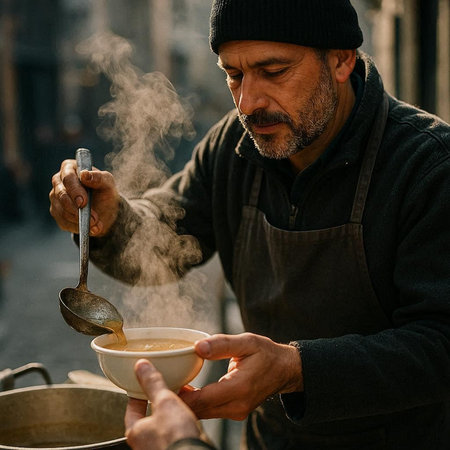 Portrait of a man in a black hat and apron cooking soup on the street.
