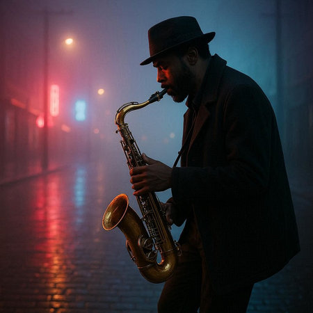 Young man playing the saxophone on the street in the fog.