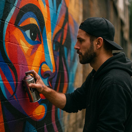 A street artist with a spray can in his hand paints graffiti on a wall. Street art concept.