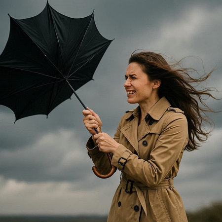 Portrait of a beautiful young woman in raincoat with umbrella.