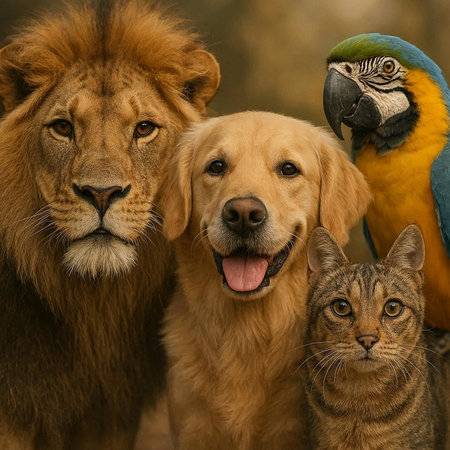 Lion, cat and macaw in close-up portrait.
