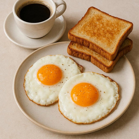 Breakfast with fried eggs and coffee, top view, square image