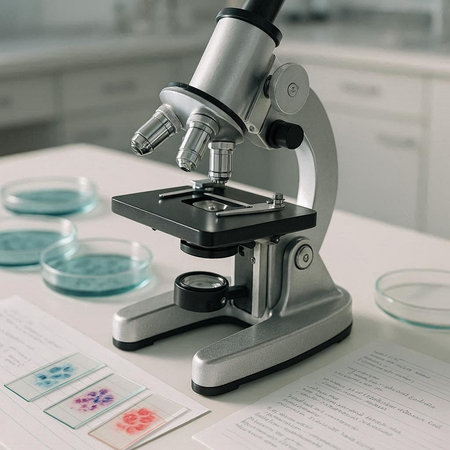 Microscope and petri dishes with blood samples on table in laboratory