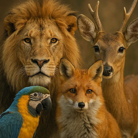 Lion, parrot, parrot and deer in the wild