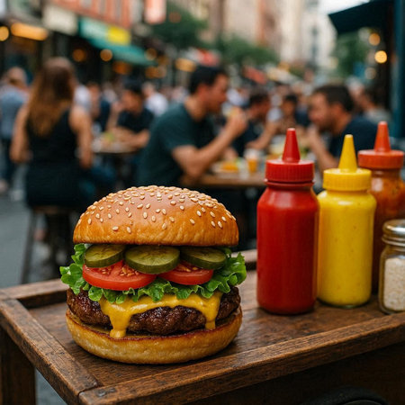 Hamburger on a wooden table in a street cafe with people in the background