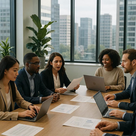 Business people working together in modern office. Multiethnic group of business people sitting at table and discussing project.